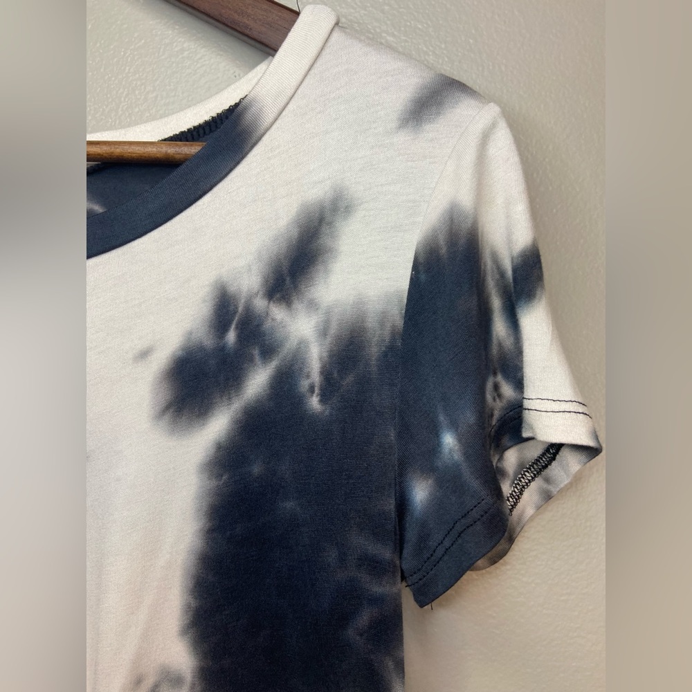ARAN'S DEN Lagenlook Tunic Top Long Shirt Dress Tie Dye Black White Short Sleeve - Picture 3 of 13
